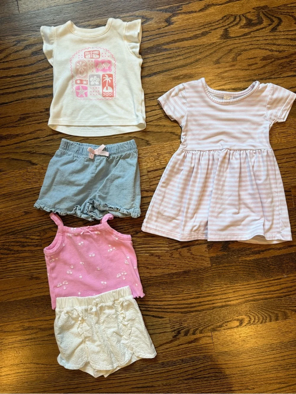 BUNDLE 12 Month Baby Girls Pink & White Summer Dress + Mix of Tops & Shorts